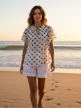 HAVER London 3X White Black Polka Dot Blouse Tie Neck Ruffle Plus Size Top
